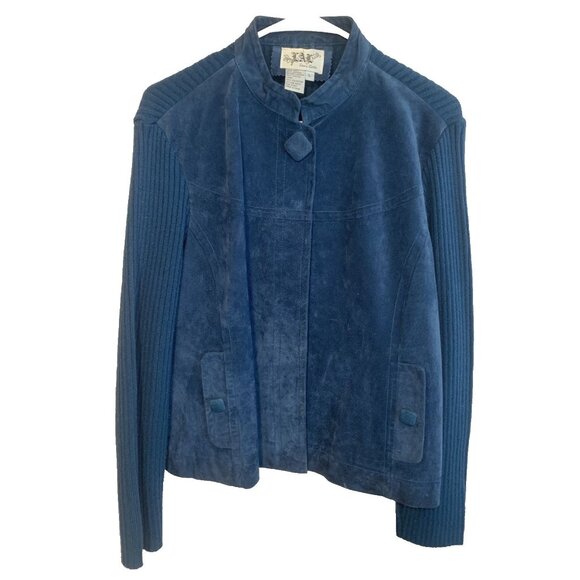 LAL Vintage Y2K Leather Sweater Jacket Blue Covered Buttons Pockets Size L - Picture 1 of 7